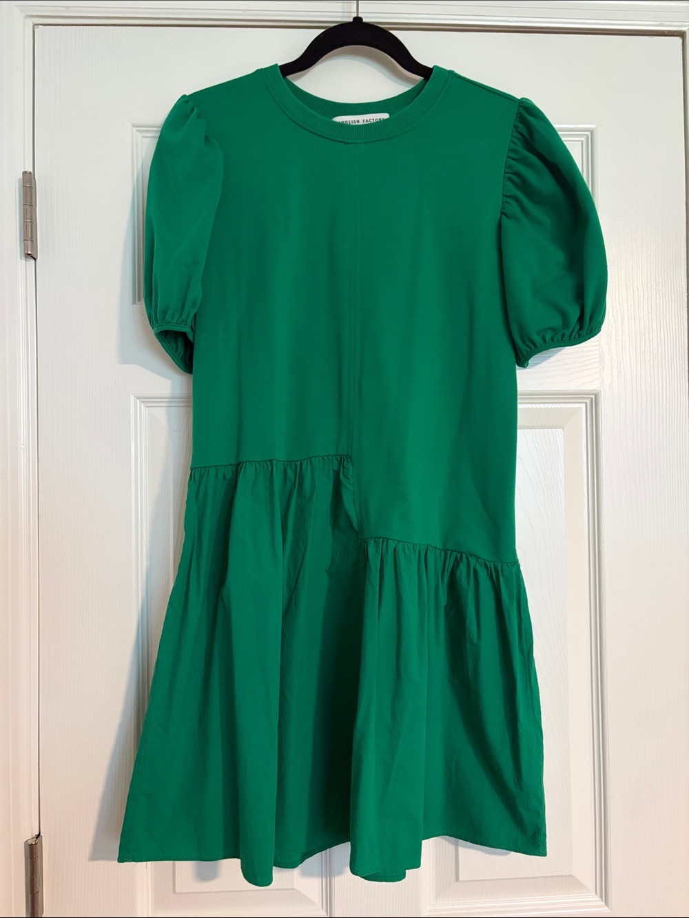 English Factory Knit Woven Mixed Green Puff-Sleeve Mini Dress